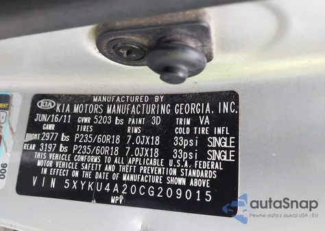 2012 Kia Sorento Ex V6 из США, поврежденный, VIN 5XYKU4A20CG209015